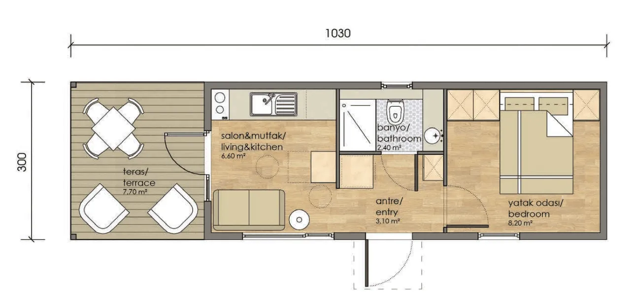 Yazlık modül ev planı, brüt 30,90 m²
